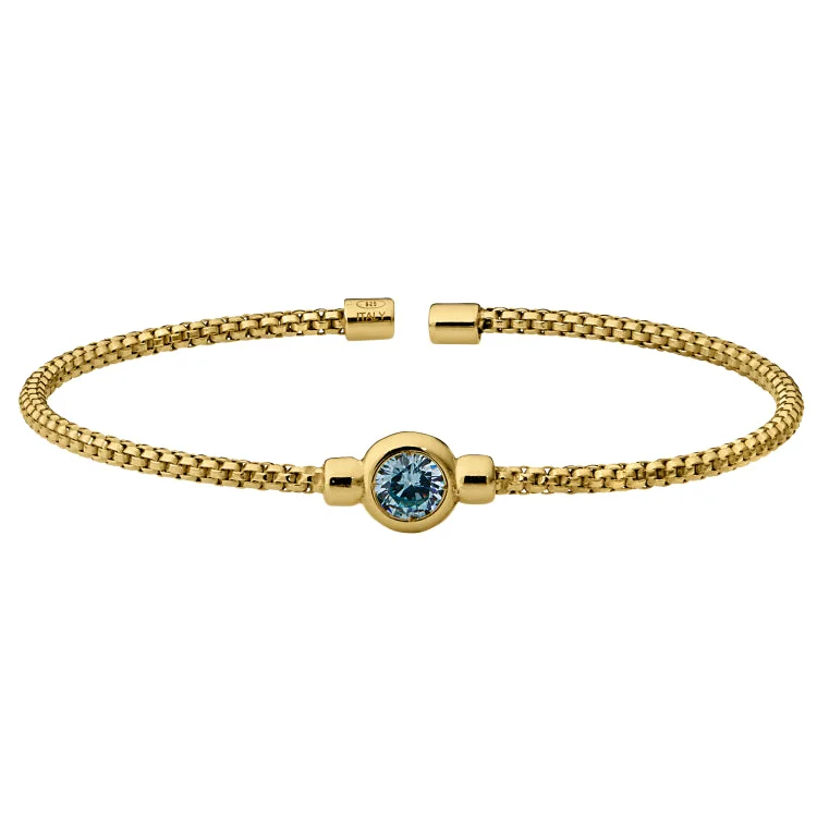 Couples matching bracelets for love and connection-Gold Finish Sterling Silver Rounded Box Link Cuff Bracelet with Bezel Set Simulated Aqua Marine Birth Gem